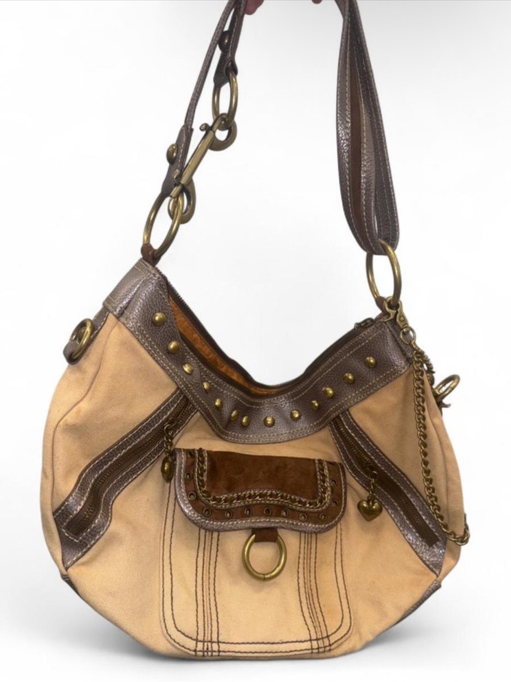 Brown and Tan Leather-Trim Shoulder Bag